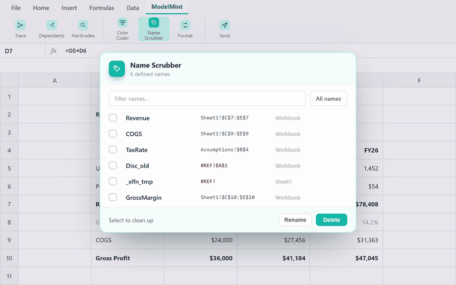 Name Scrubber selecting and deleting broken #REF! defined names in bulk